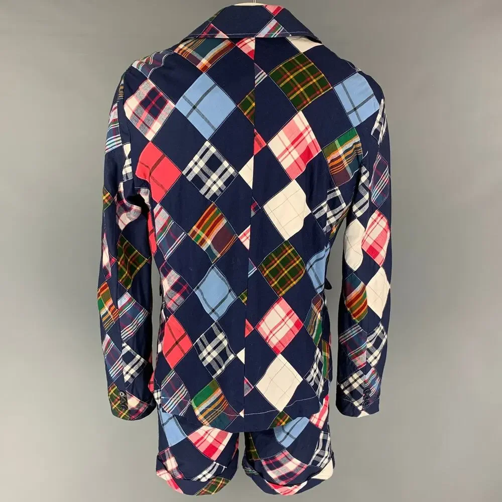 BAND OF OUTSIDERS Size 42 Navy Muliti-Color Patchwork Cotton Notch Lapel Suit